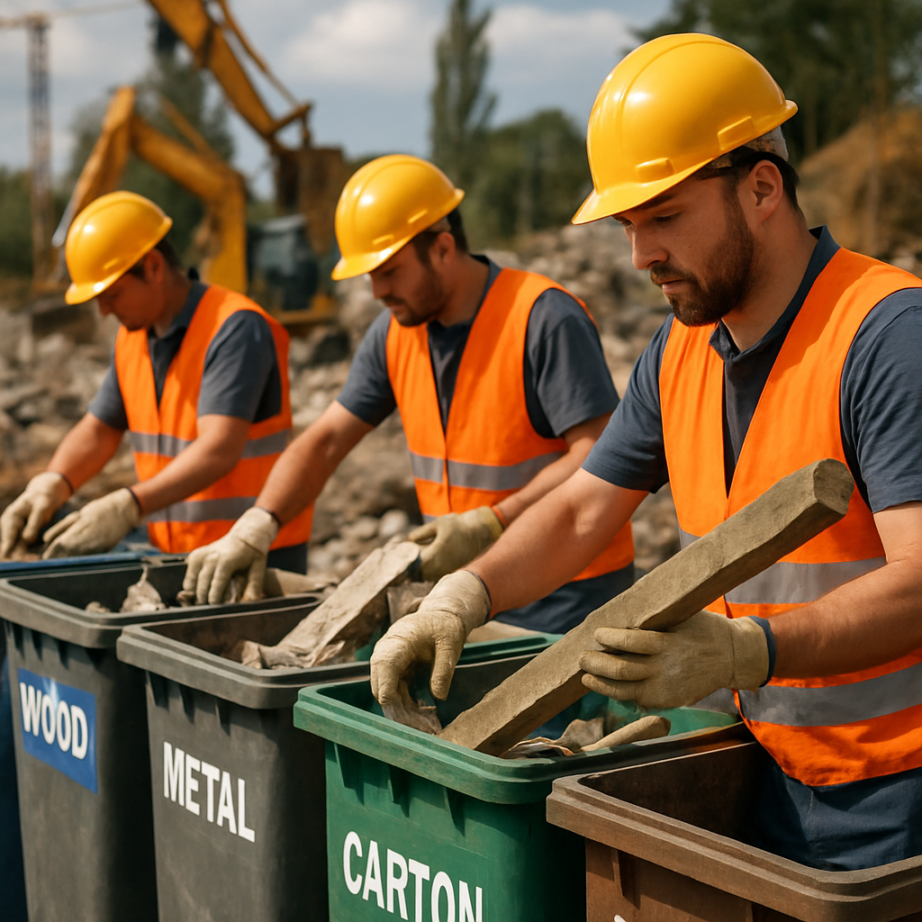 Construction Workers Sorting Materials at Worksite Construction workers sorting building materials into labeled bins at a worksite with machinery operating in the background and clear signage for recycling methods, during daytime.