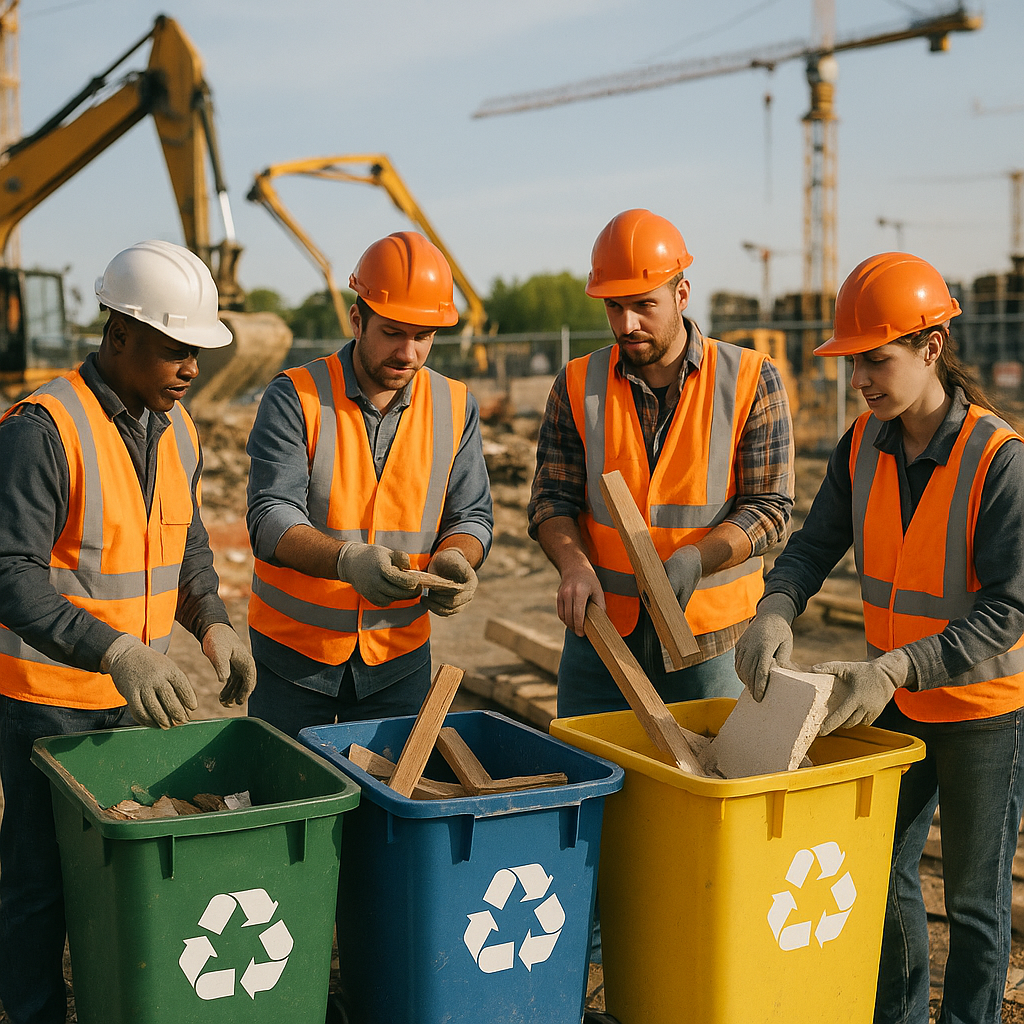 Efficient Construction Workflow with Recycling Construction workers sorting materials into recycling bins at an active job site, with machinery operating in the background.