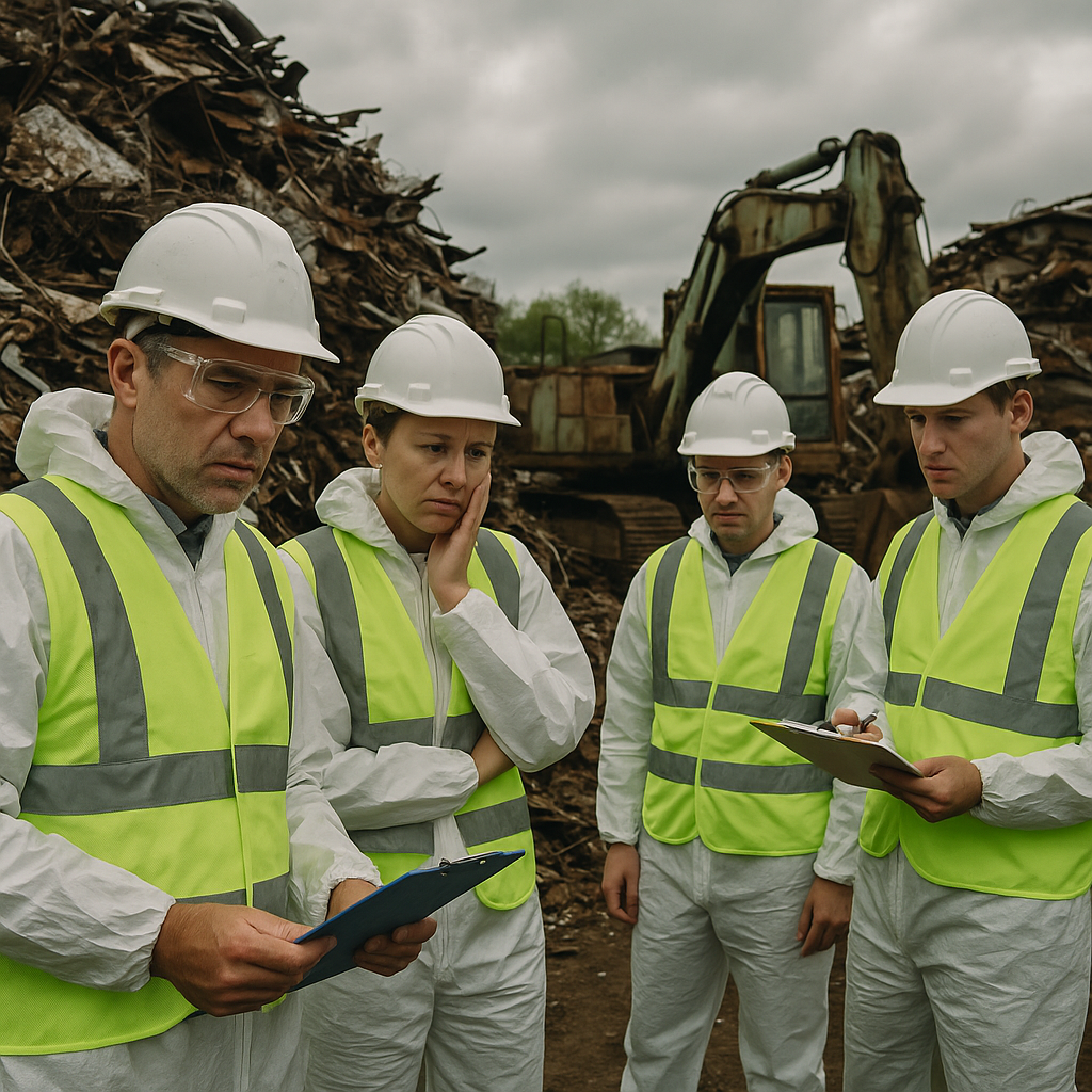 Workers inspecting contaminated scrap metal piles in an industrial yard under a cloudy sky, showing concern about the recycling process.