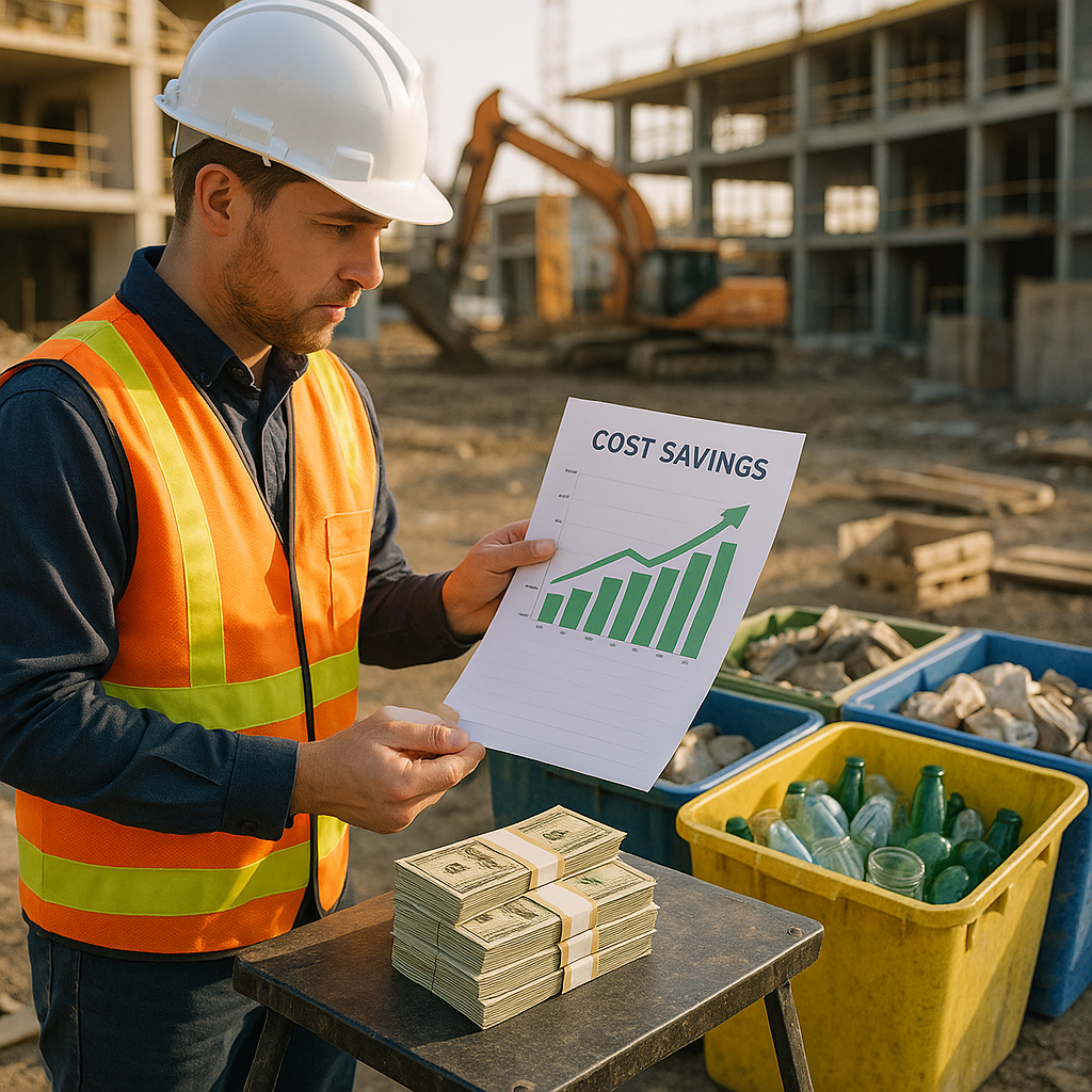 Contractor Reviewing Cost Savings on Construction Site Contractor reviewing cost savings chart beside sorted recyclable materials on a construction site with stacks of money in view.