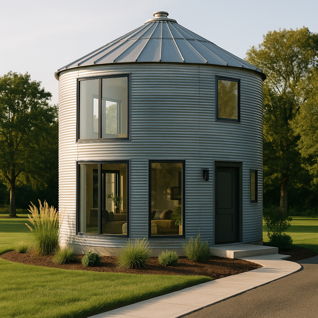 Converted grain silo transformed into a modern home with windows and landscaping, sunlight streaming onto the building.