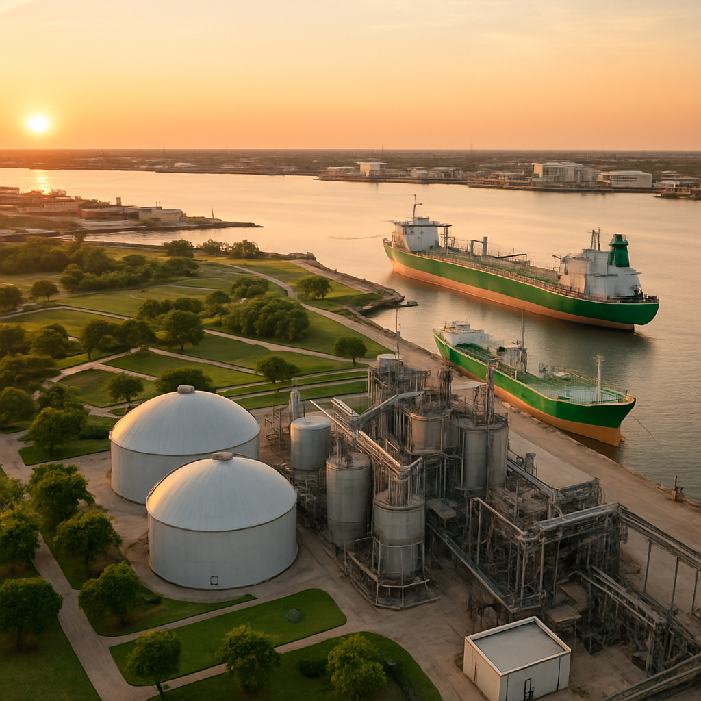 Aerial view of Corpus Christi port featuring advanced recycling facilities and eco-friendly ships during sunset.