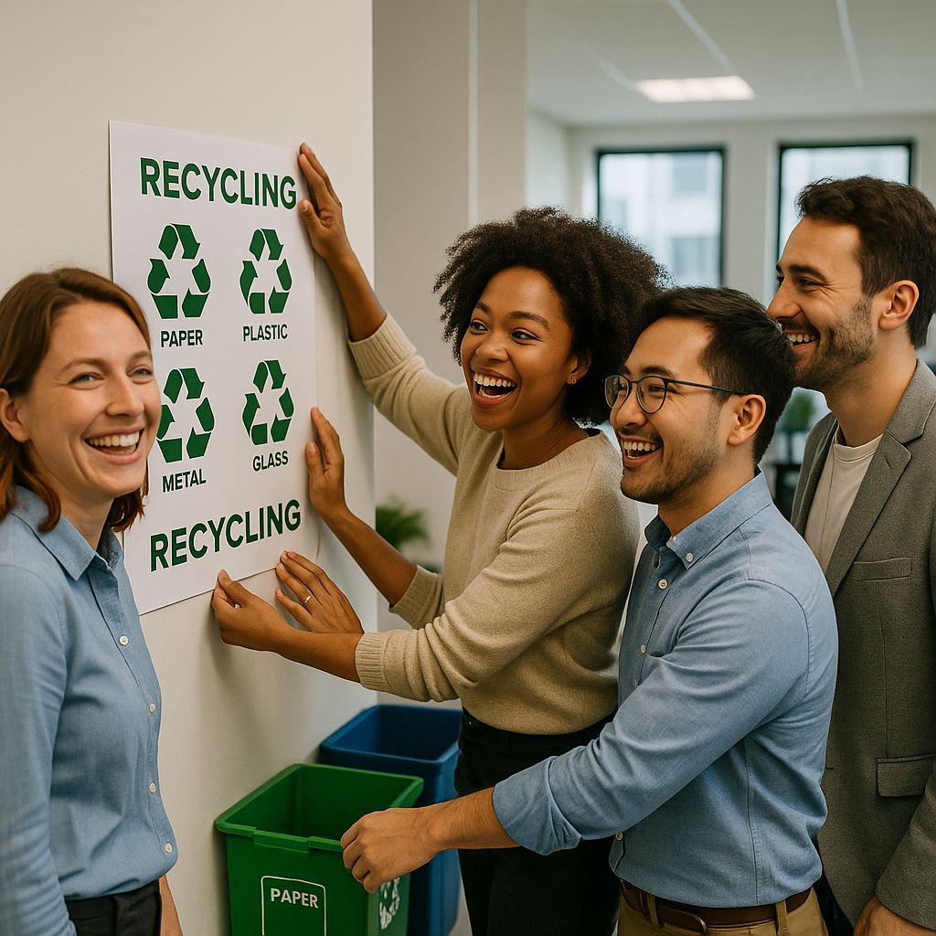 A group of coworkers happily putting up updated recycling guidelines on an office wall in a clean workspace with visible recycling bins.