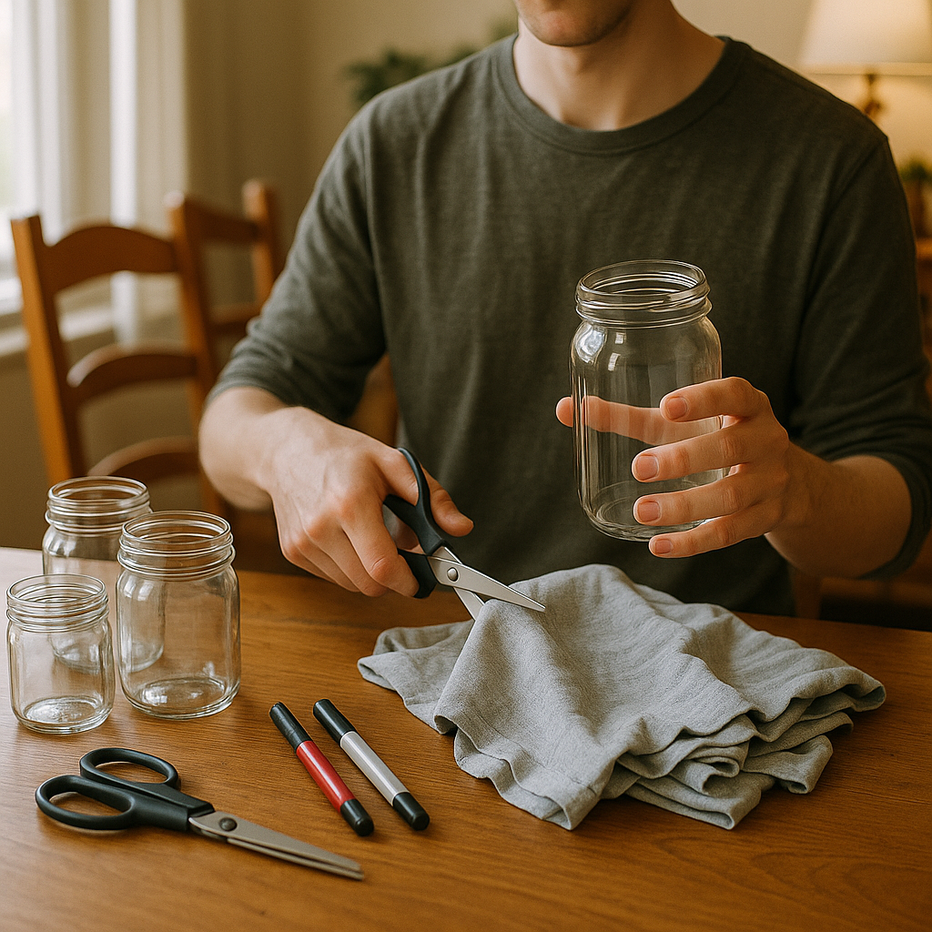 Repurposing Household Items in a Cozy Home Person turning glass jars into storage containers and old t-shirts into cleaning rags on a dining table in a cozy home setting.