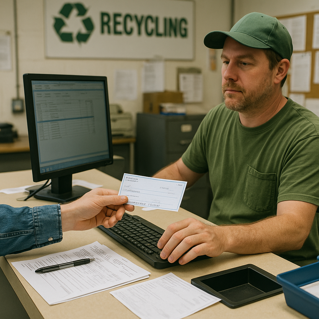 Customer receiving payment at service counter from recycler, with a focus on the check and computer transaction.