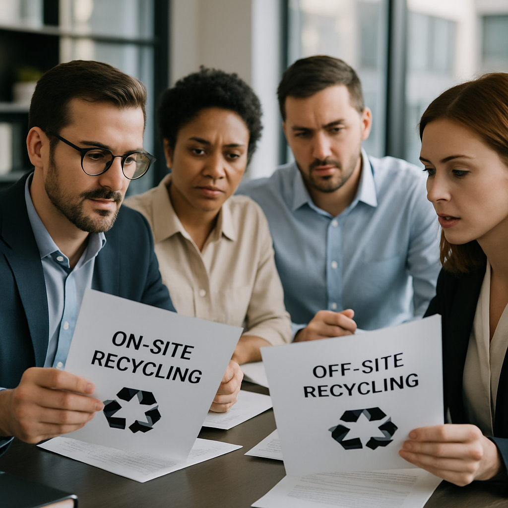 Decision Meeting in Modern Office Professionals in a modern office participating in a decision meeting, reviewing documents labeled 'on-site' and 'off-site recycling' with thoughtful expressions.