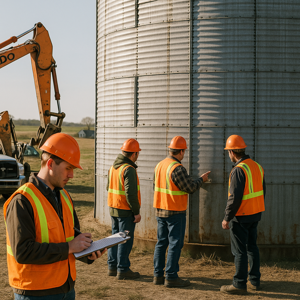 Demolition crew inspecting a large metal grain silo in a rural area with equipment and trucks nearby, calculating costs on a clipboard.