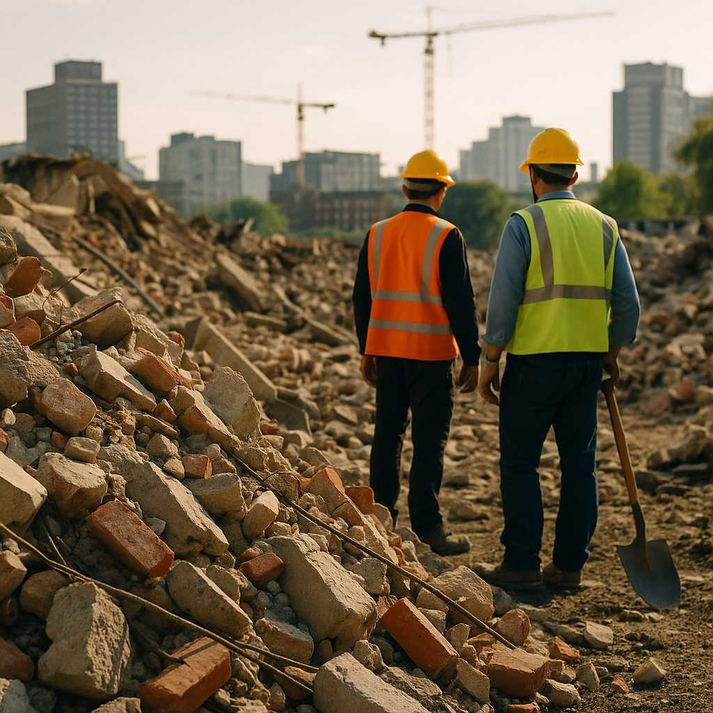 Demolition site with rubble, broken bricks and concrete, featuring workers in safety gear surveying debris against an urban background.