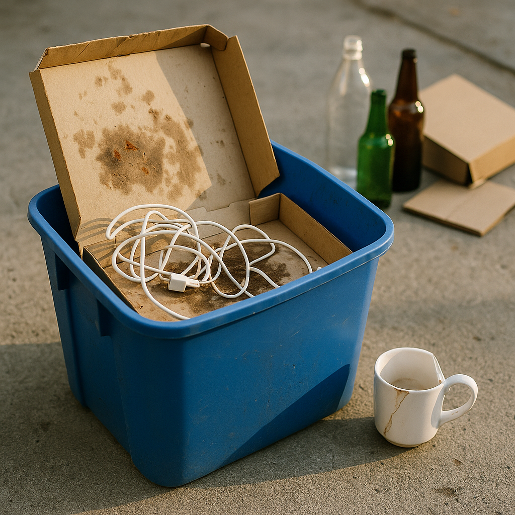 Household Waste Near Recycling Bin A dirty pizza box, tangled wires, and a broken ceramic mug placed beside a recycling bin, clearly separated from recyclable items.