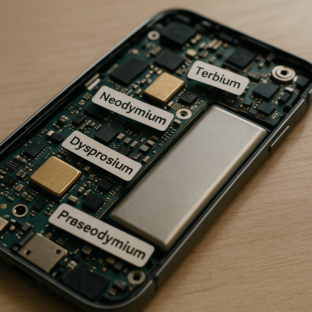 Disassembled Smartphone Components Close-up view of a disassembled smartphone highlighting circuit boards and metallic components, with tags indicating rare earth metals.