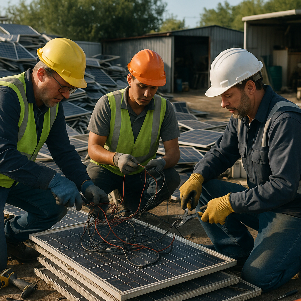 Recycling Solar Panels Piles of discarded solar panels in a recycling yard with workers dismantling them, showcasing tangled wires and materials.