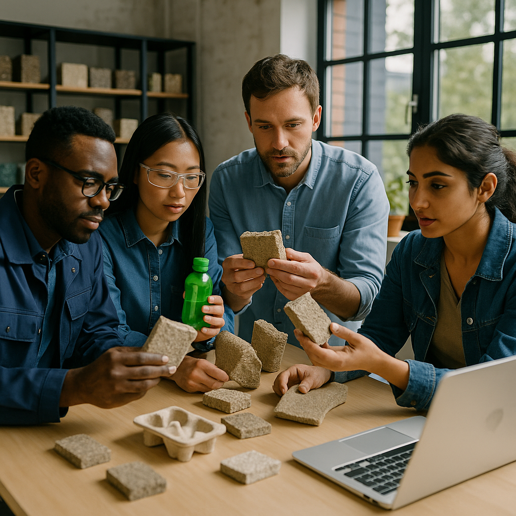Diverse Engineers Examining Eco-Friendly Products A diverse team of engineers examining eco-friendly products and recycled materials in a modern startup workspace, with shelves containing recycled samples.