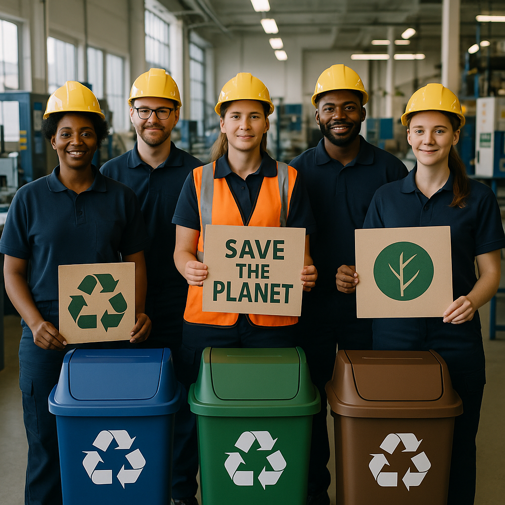 Group of diverse factory workers posing proudly beside sorted recycling bins and eco-friendly signs inside a bright, modern manufacturing plant.