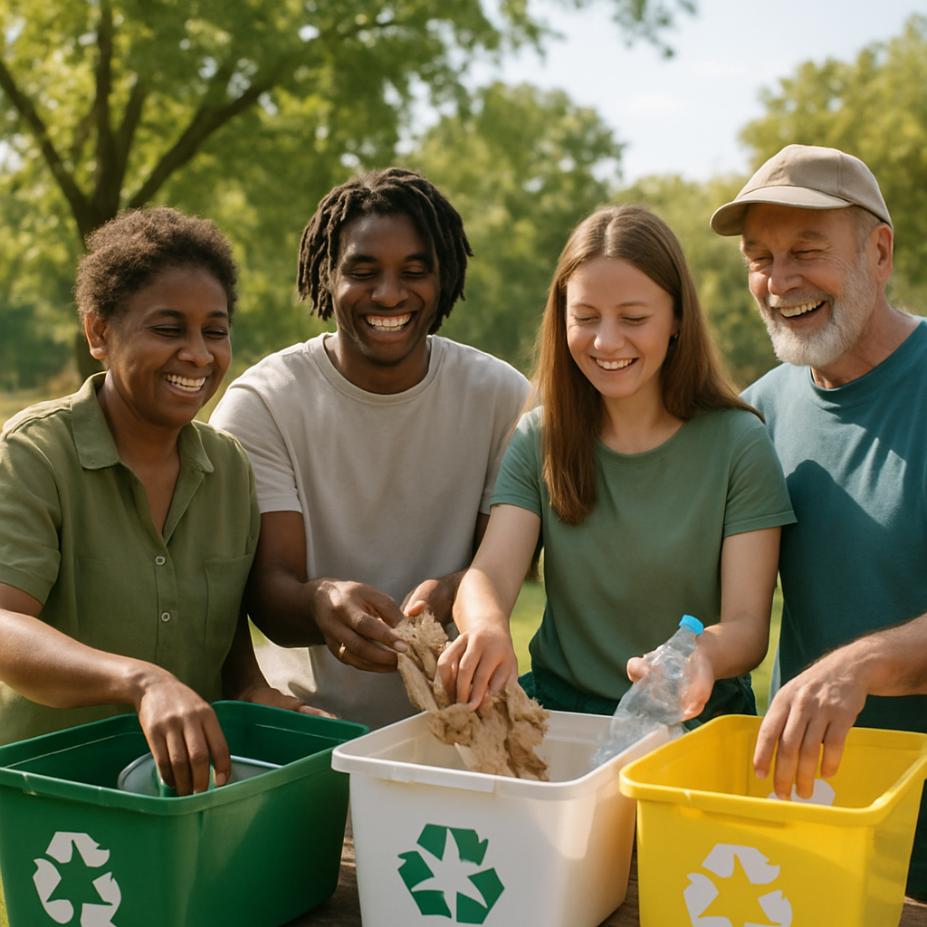 A diverse group of people smiling while sorting recyclables into separate bins at a park, with green trees and a bright sky in the background, showcasing community and environmental care.