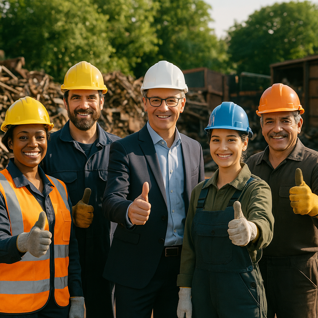 Positive Team Spirit in a Scrap Metal Yard Diverse team of workers and manager giving thumbs-up in a tidy scrap metal yard with green plants in the background, sunlit and positive atmosphere