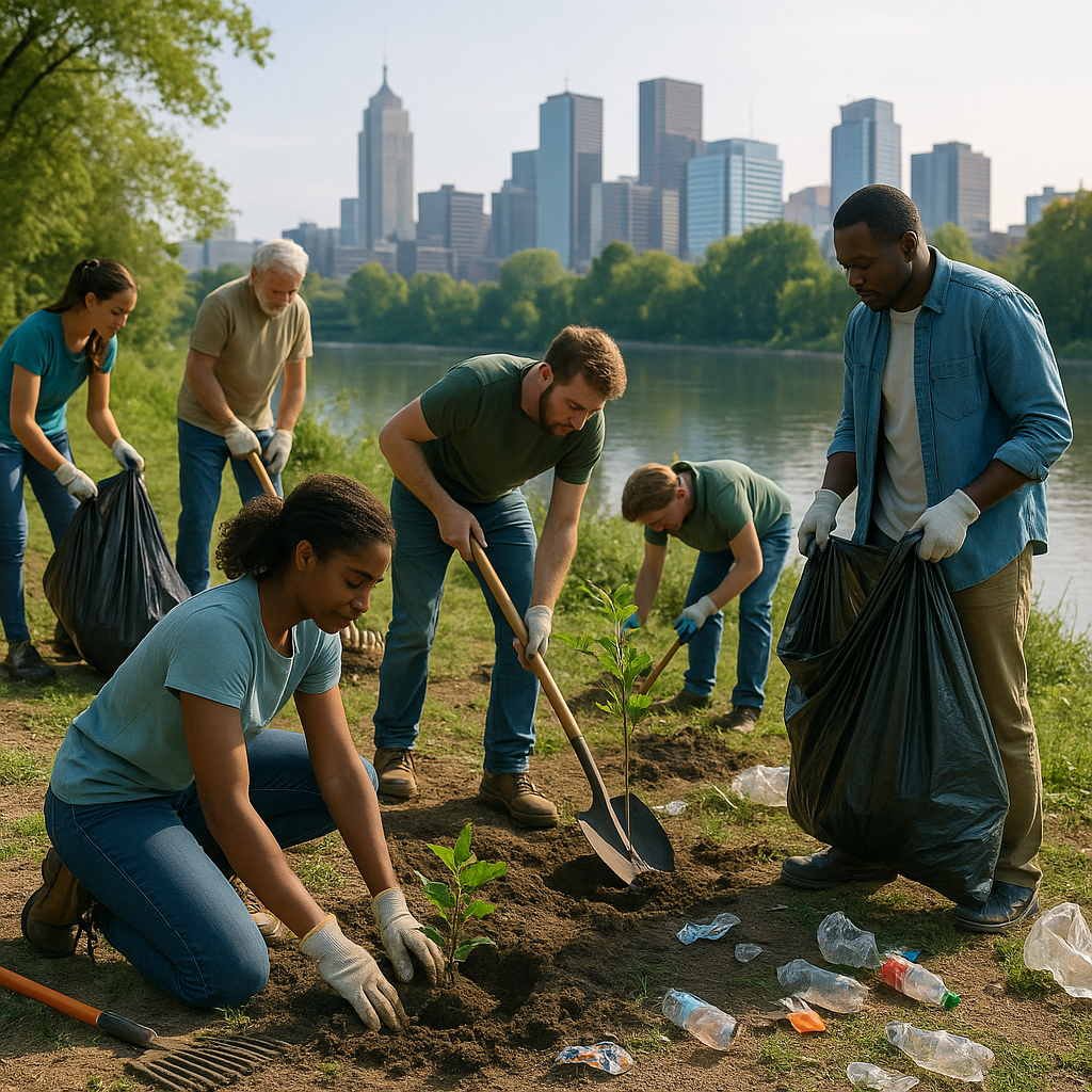 Community Cleanup and Tree Planting Diverse group of people planting trees and cleaning up litter near a clean river with a city skyline in the background