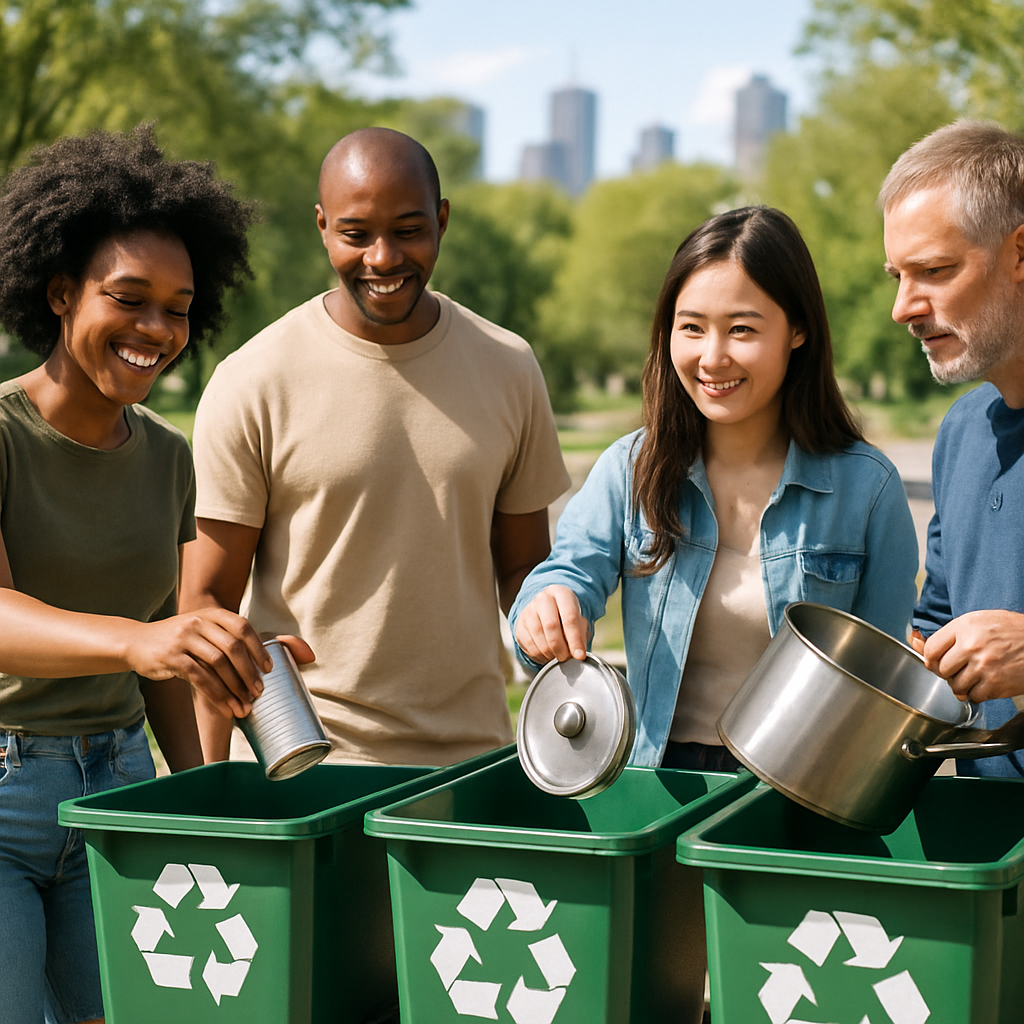 Community Recycling Initiative in City Park Diverse group of people placing metal items in recycling bins outdoors in a city park.