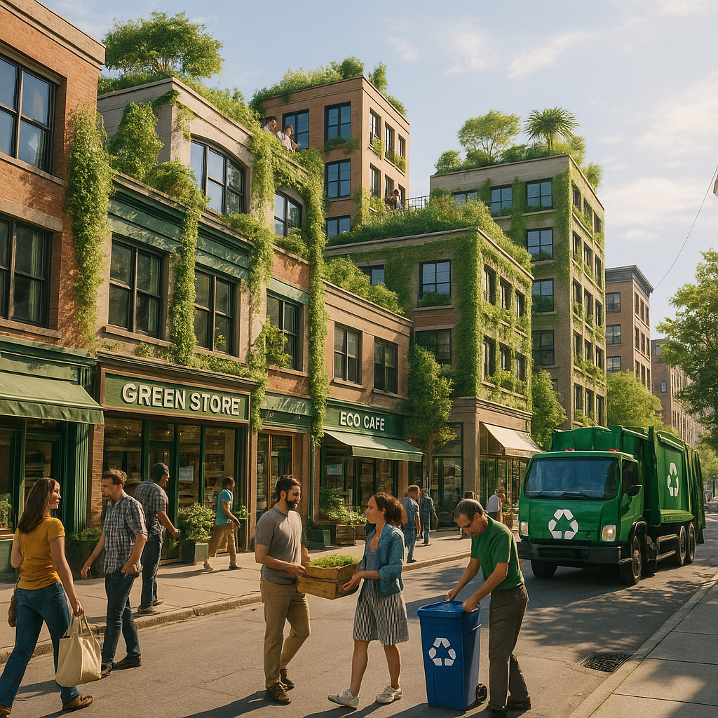 Eco-Friendly Cityscape A vibrant cityscape showcasing eco-friendly businesses with greenery on rooftops, efficient recycling trucks, and people engaging in product reuse, creating a hopeful and clean atmosphere.