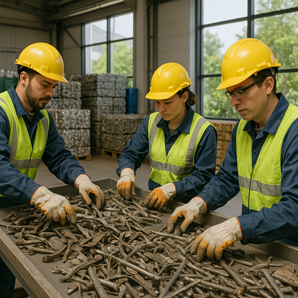 Workers sorting scrap metal in a clean, eco-friendly recycling facility with green plants visible outside large windows.