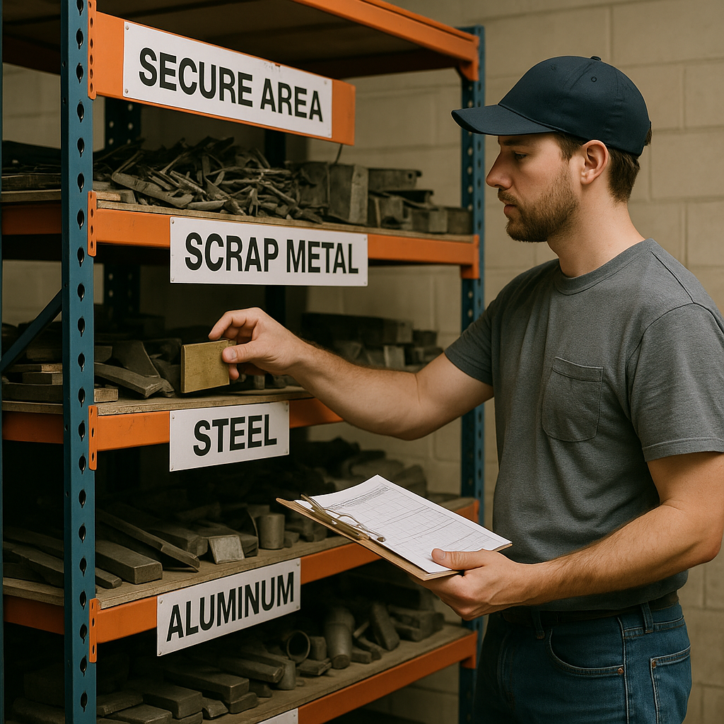 Employee storing labeled scrap metal in a secure warehouse section with organized shelves and clear signage.
