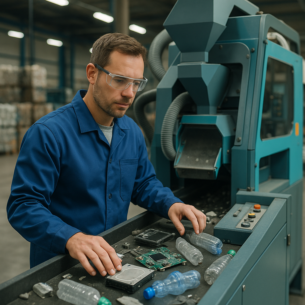 Engineer Operating Advanced Recycling Machine Engineer operating advanced recycling machine that sorts electronics and plastics in a modern recycling plant.