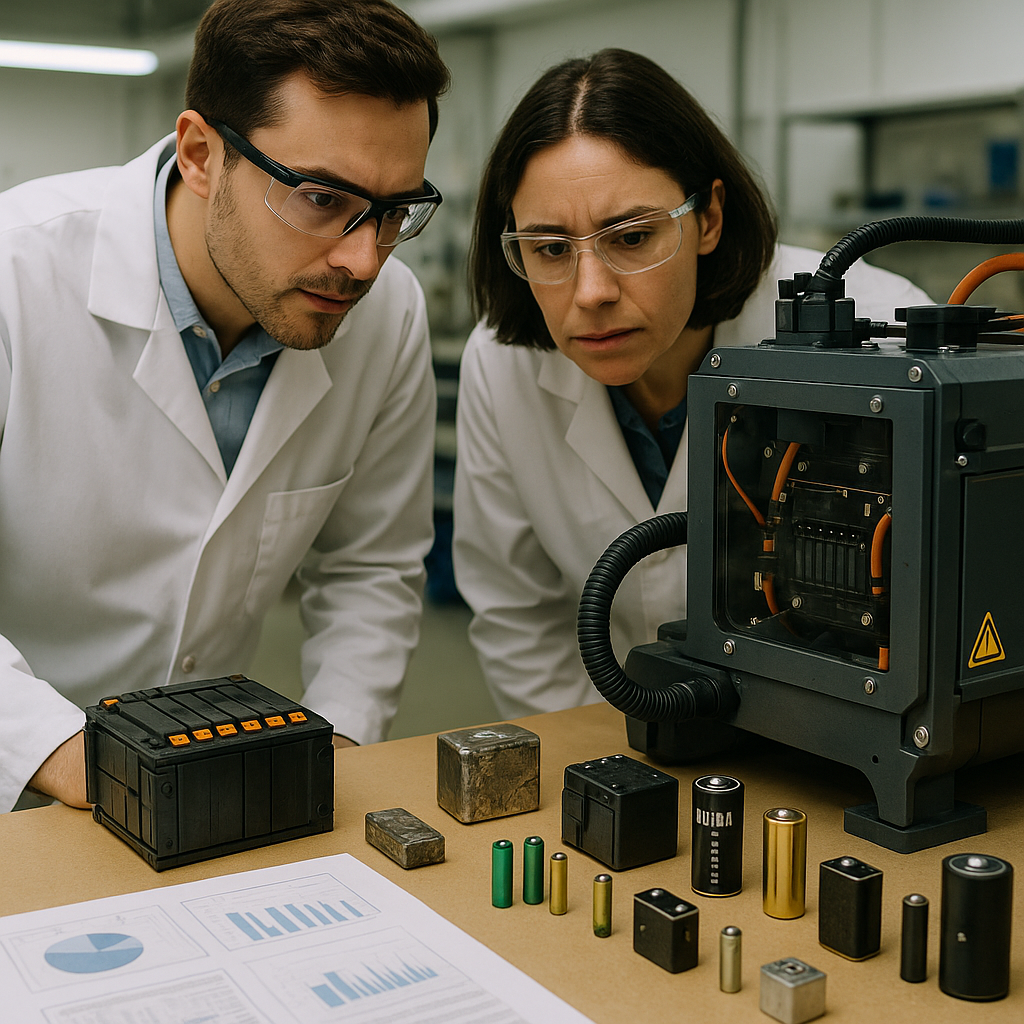 Engineers Examining Battery Recycling Equipment Engineers in lab coats examining advanced battery recycling equipment with charts and prototypes on a worktable, featuring a mix of old and modern batteries on display.