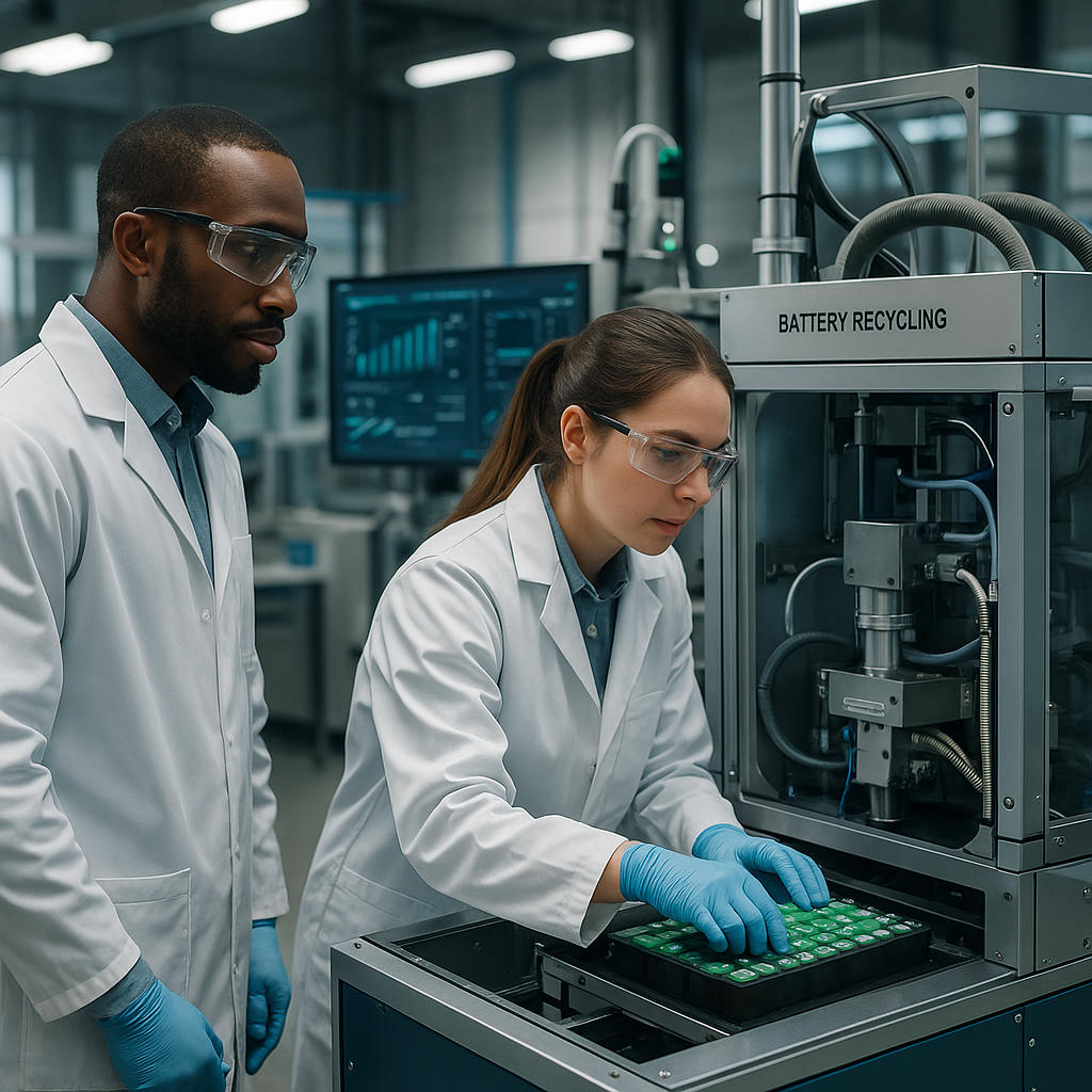 Engineers Testing Advanced Battery Recycling Technology Engineers testing advanced battery recycling machines in a modern lab with high-tech equipment and digital monitors displaying data.