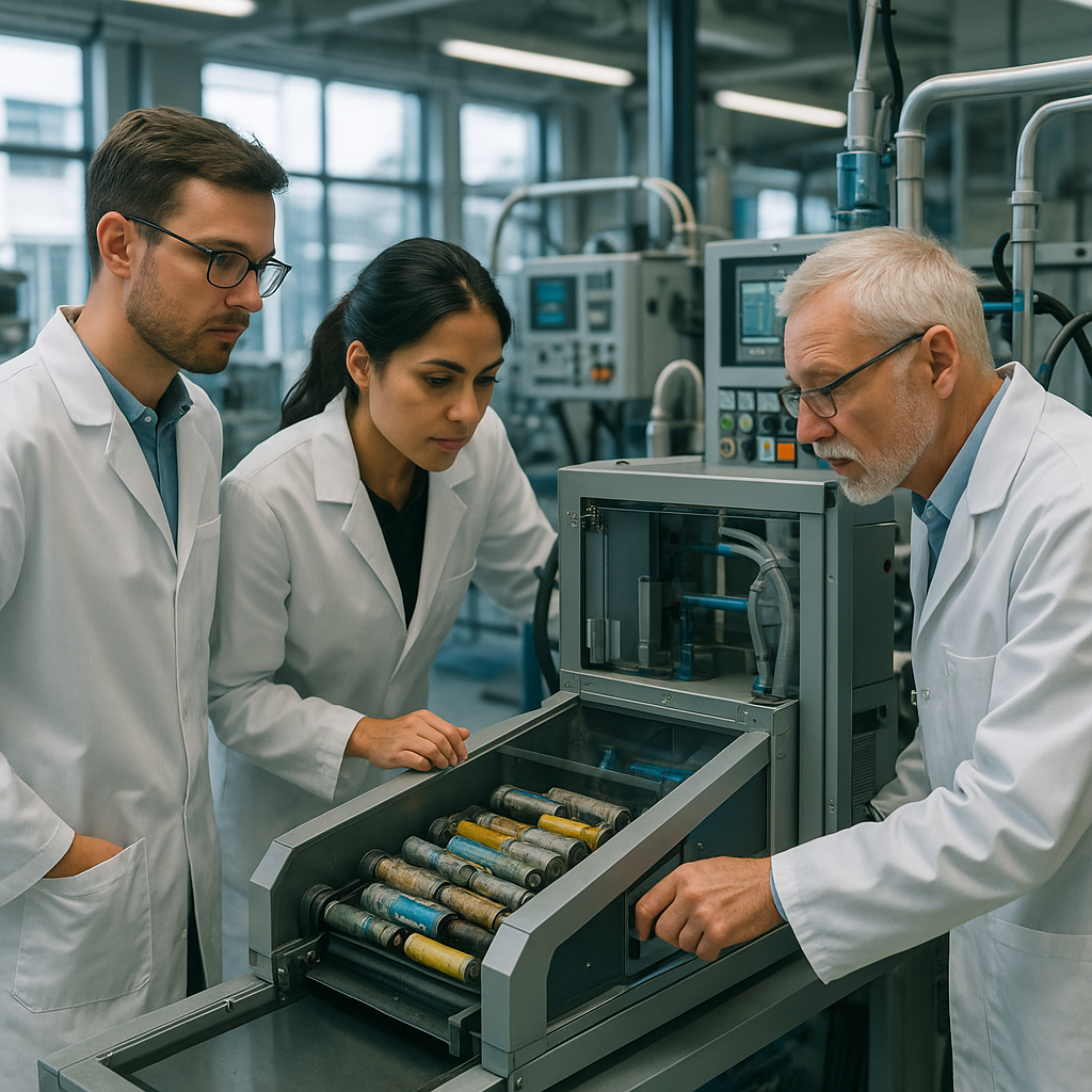 Advanced Battery Recycling Laboratory Engineers in lab coats examining advanced battery recycling machinery in a modern laboratory with futuristic equipment.