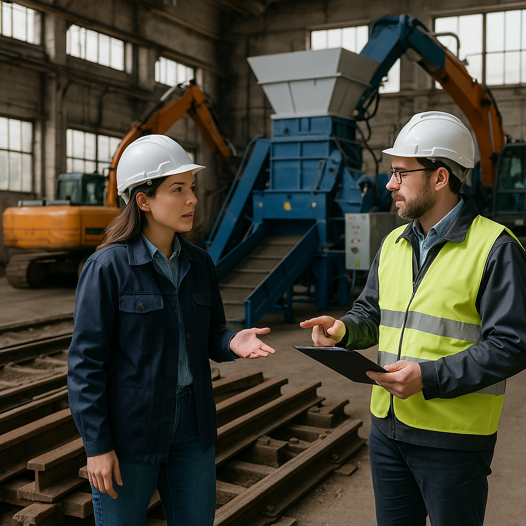 Engineers discussing beside outdated railroad materials and advanced recycling equipment in a factory setting, showcasing contrast between old and new technology.