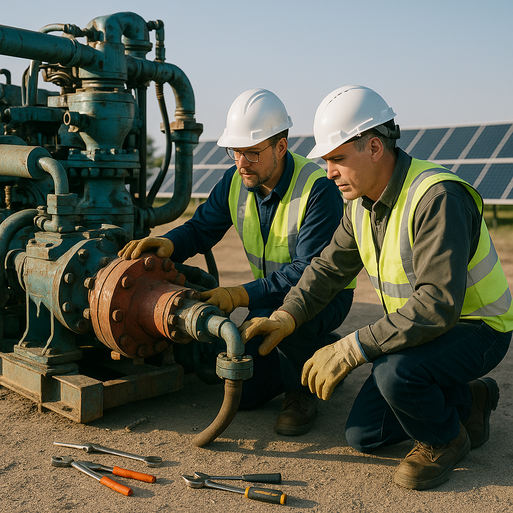 Engineers inspecting large fracking machinery adapted for use on a solar farm in an outdoor industrial setting under clear skies.