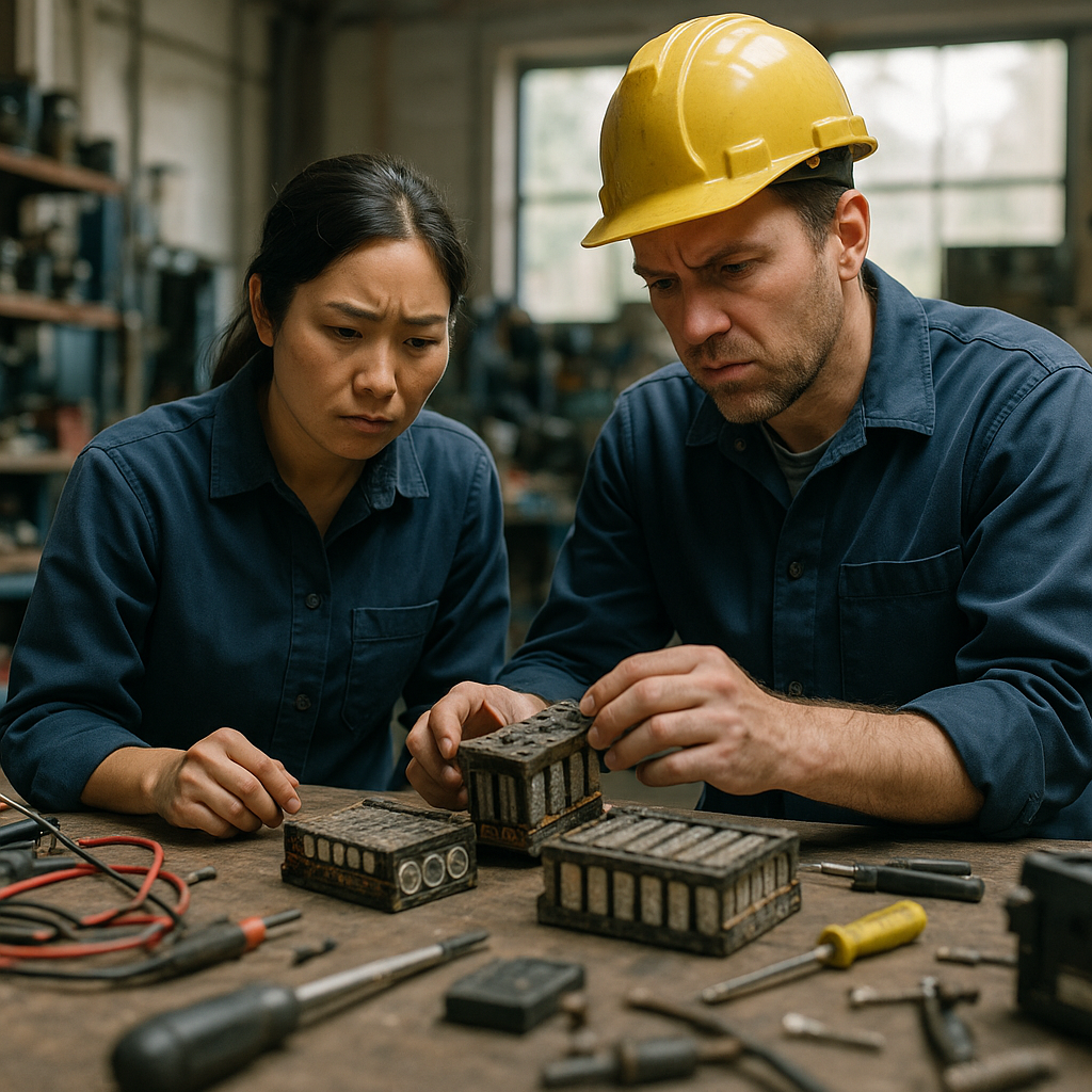 Engineers Examining Worn Lithium Battery Packs Engineers examining worn lithium battery packs on a workbench, displaying concerned expressions in a cluttered industrial workshop.