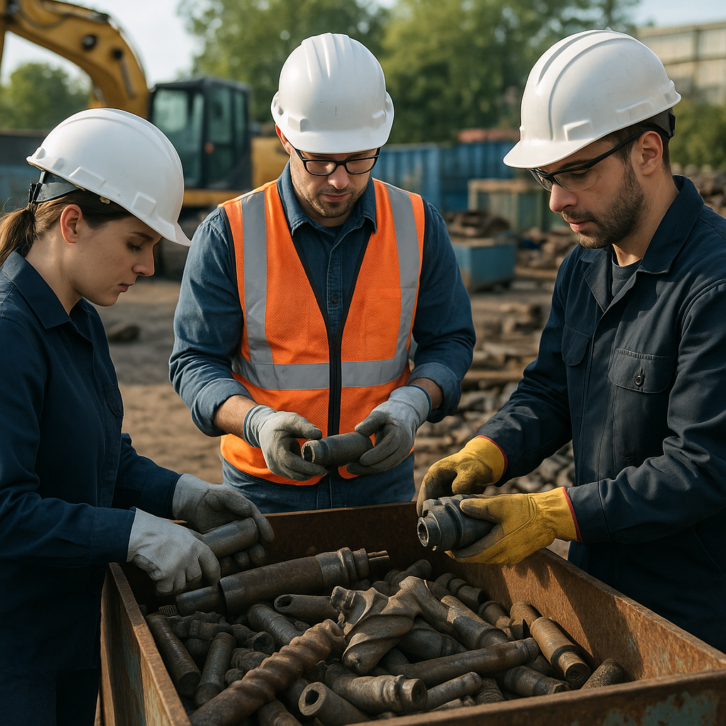 Engineers in safety gear sorting steel and carbide parts from an old drilling rig in an industrial recycling facility, with heavy machinery in the background.