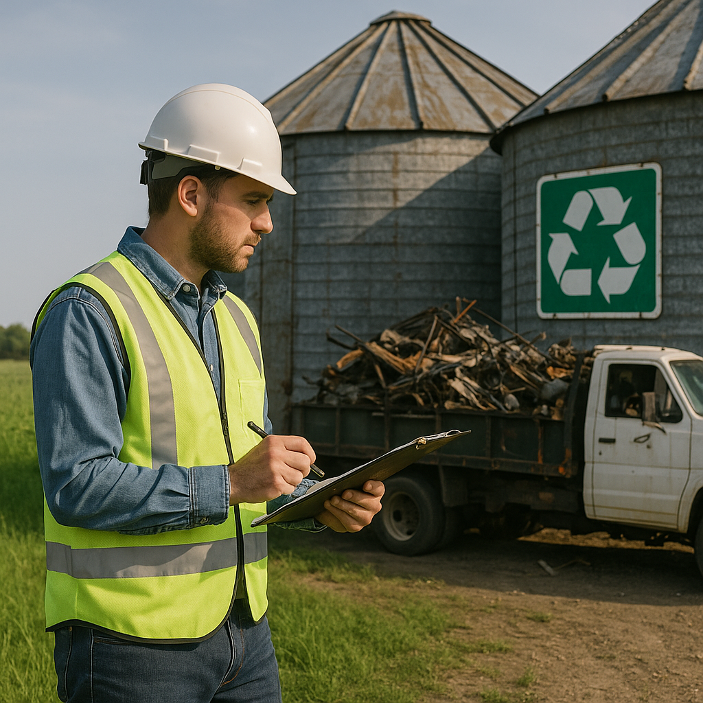 Environmental inspector examining old metal grain bins near a green field, with recycling signs and a truck loaded with scrap metal, under a clear sky.