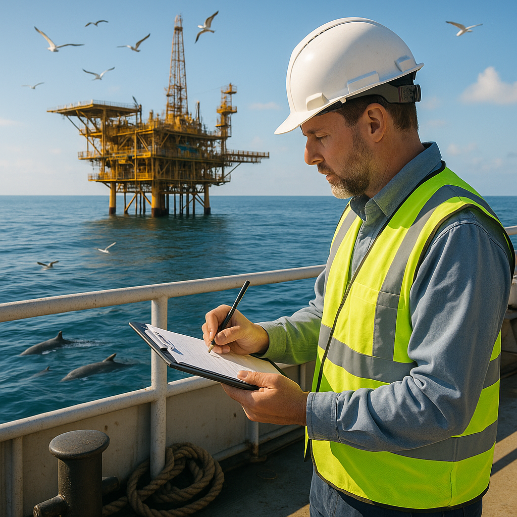 Environmental inspector in safety gear taking notes beside an offshore platform, with flocks of seabirds and marine life visible in a calm blue sea under a clear sky.