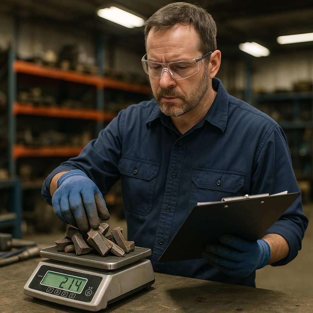 Close-up of an expert weighing and examining scrap metal pieces with a digital scale and clipboard in an industrial warehouse.
