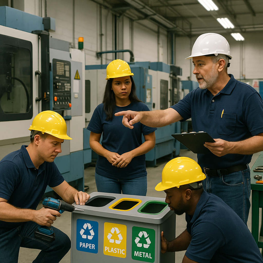 Team of factory employees installing recycling stations near machinery with a supervisor giving instructions in a clean and well-lit manufacturing environment.