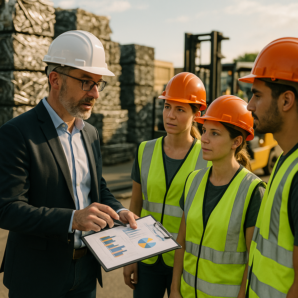 Factory manager presenting a clipboard with charts to a diverse team next to stacks of recycled steel, with forklifts at work, indicating a productive environment.