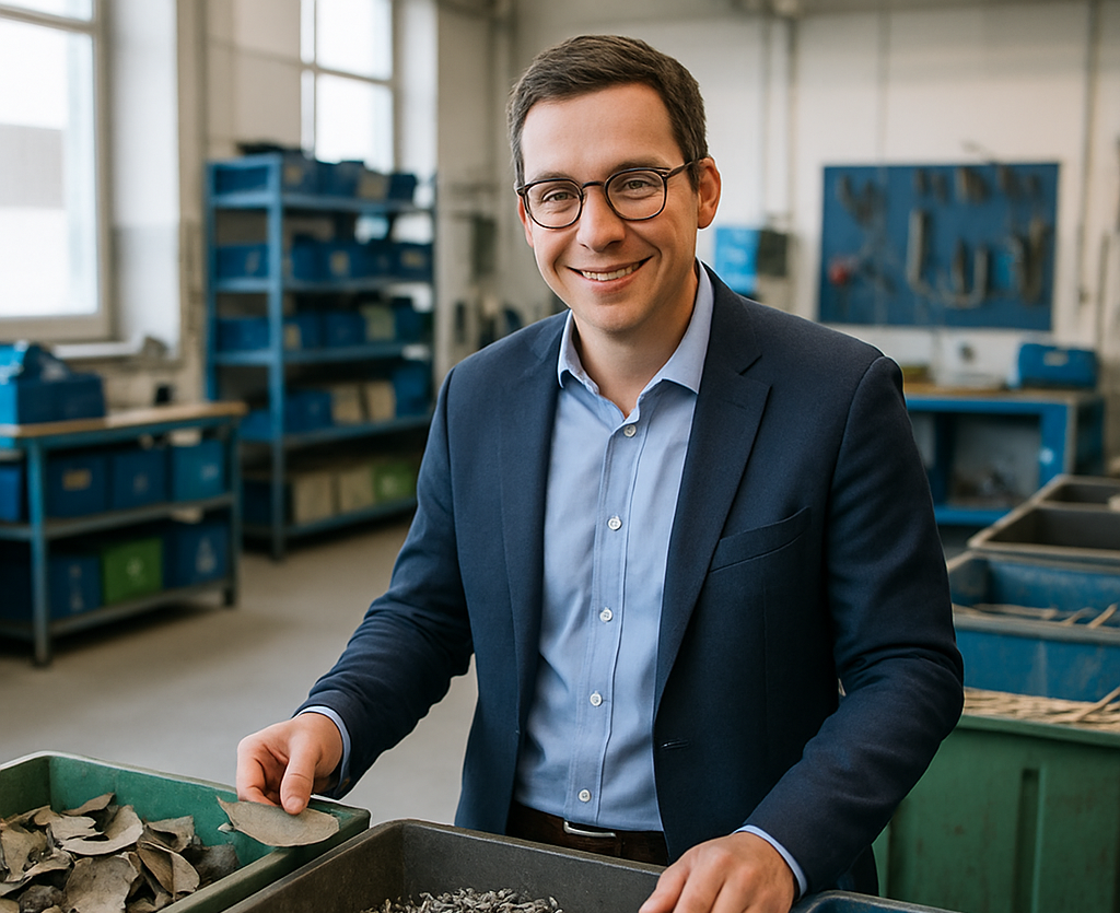 Factory manager reviewing organized bins of sorted metal scrap, smiling in a clean workshop filled with containers ready for recycling.