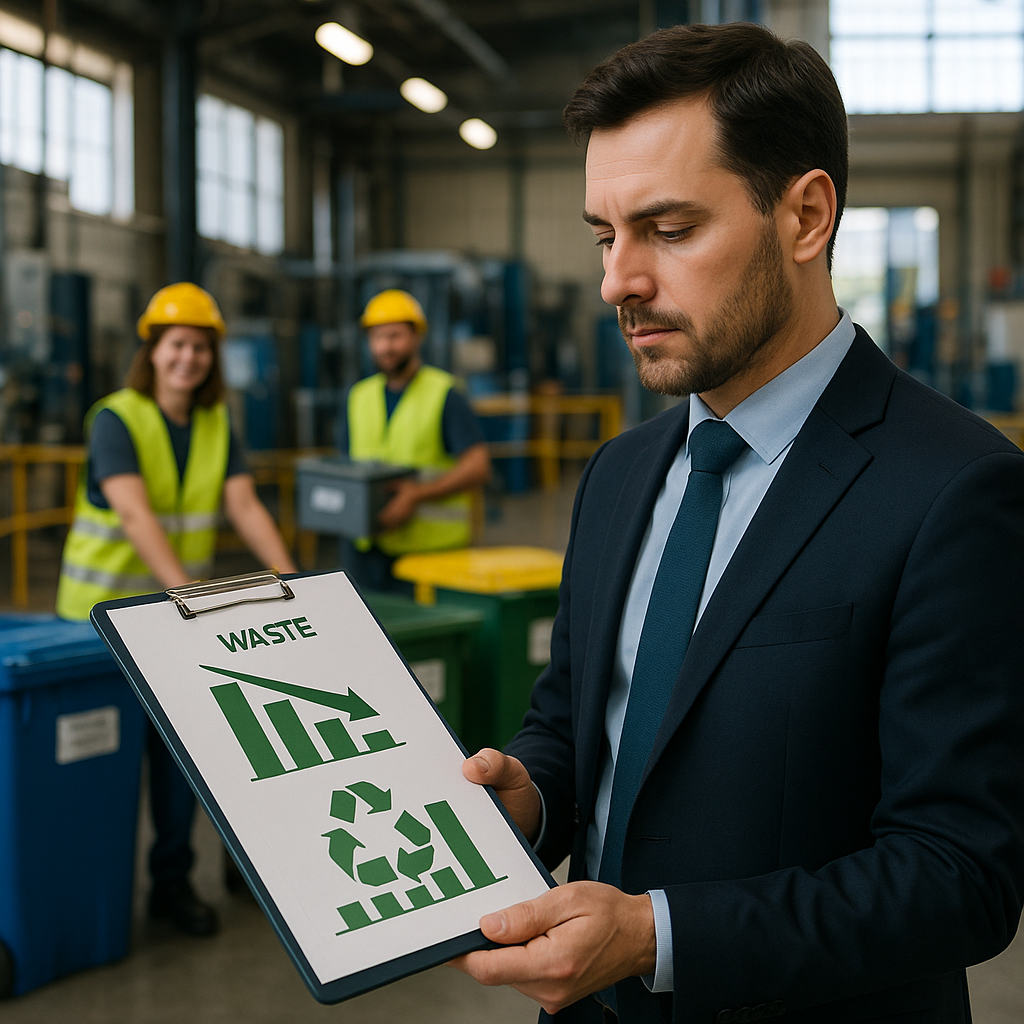 Factory Manager Celebrating Recycling Success Factory manager reviewing charts showing reduced waste and increased recycling, with smiling workers and organized recycling systems in the background.