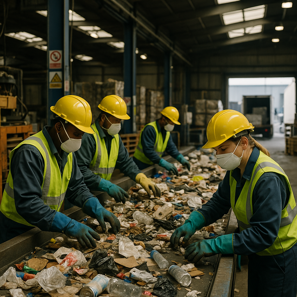 Factory workers sorting recyclables on conveyor belts in a busy industrial setting.
