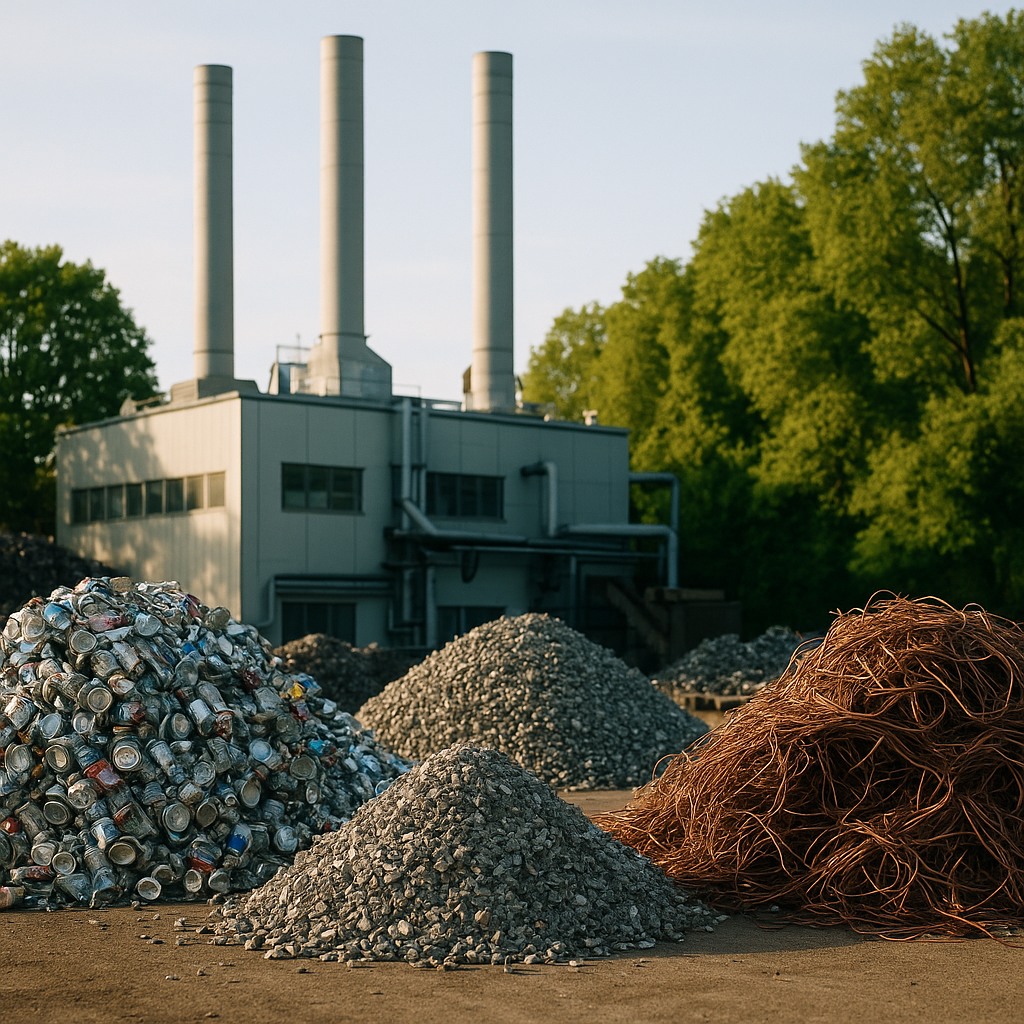 Factory Processing Recycled Metal with Clean Air Factory emitting clean air while processing recycled metal, with piles of sorted metals and lush greenery in the background.