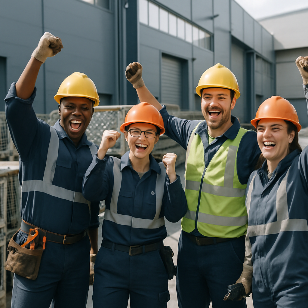 Teamwork Celebration at the Modern Factory Factory team celebrating near neatly stacked metal recycling bins in a modern facility with bright lighting, showcasing a sense of teamwork.