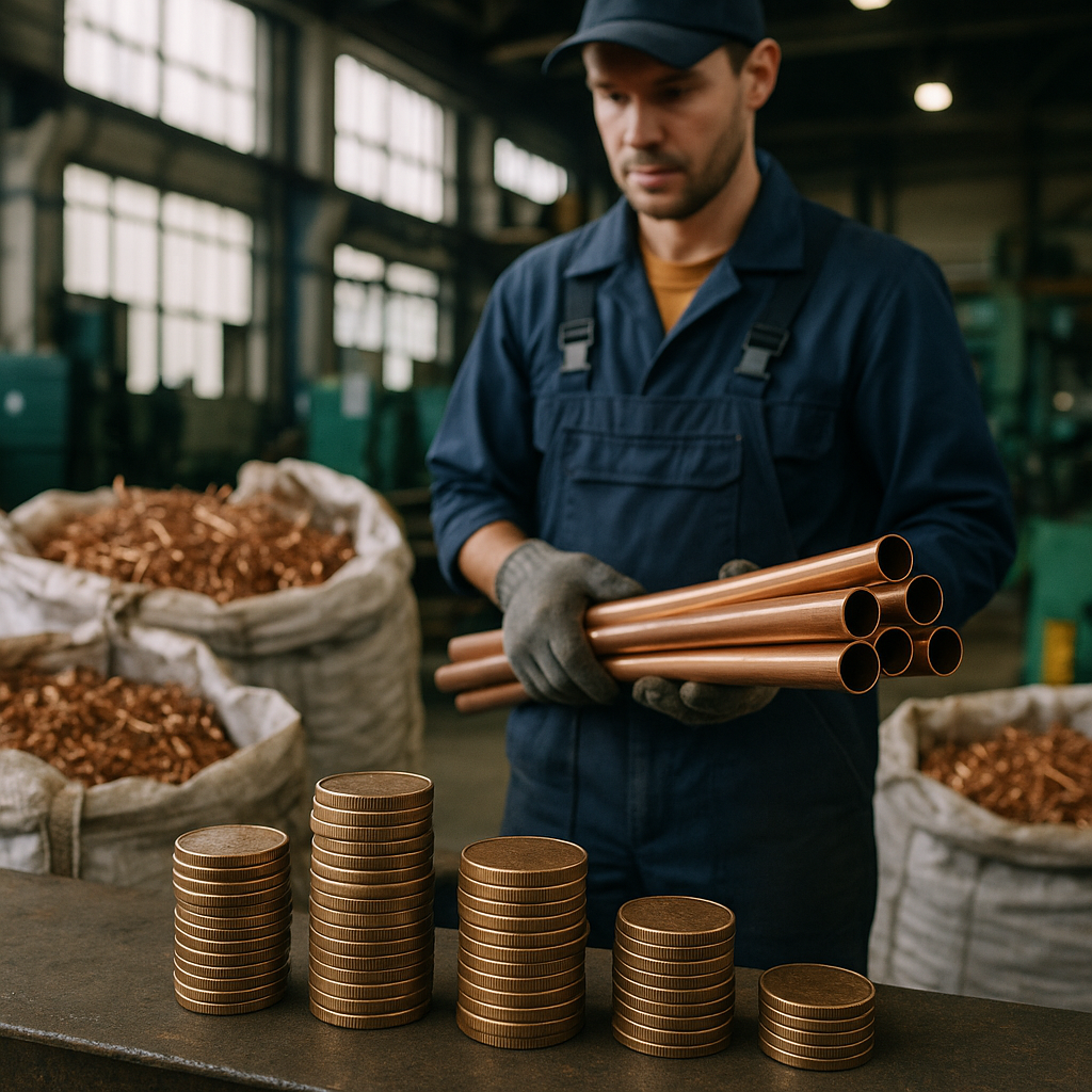 Factory Worker with Copper Pipes and Recycled Scrap Factory worker holding copper pipes beside bags of recycled copper scrap with coins stacked on a table in an industrial setting.
