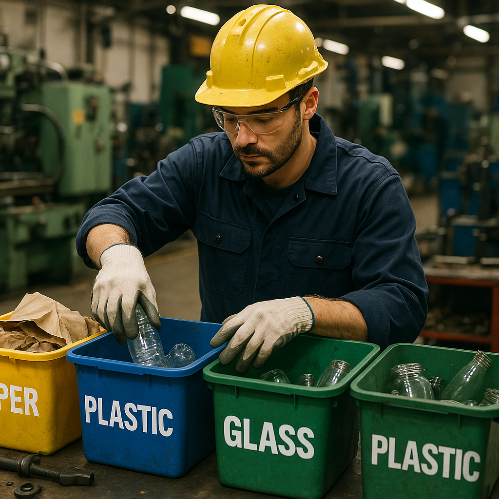 Factory worker in safety gear sorting recyclable materials into labeled bins on a busy factory floor with industrial equipment in the background.