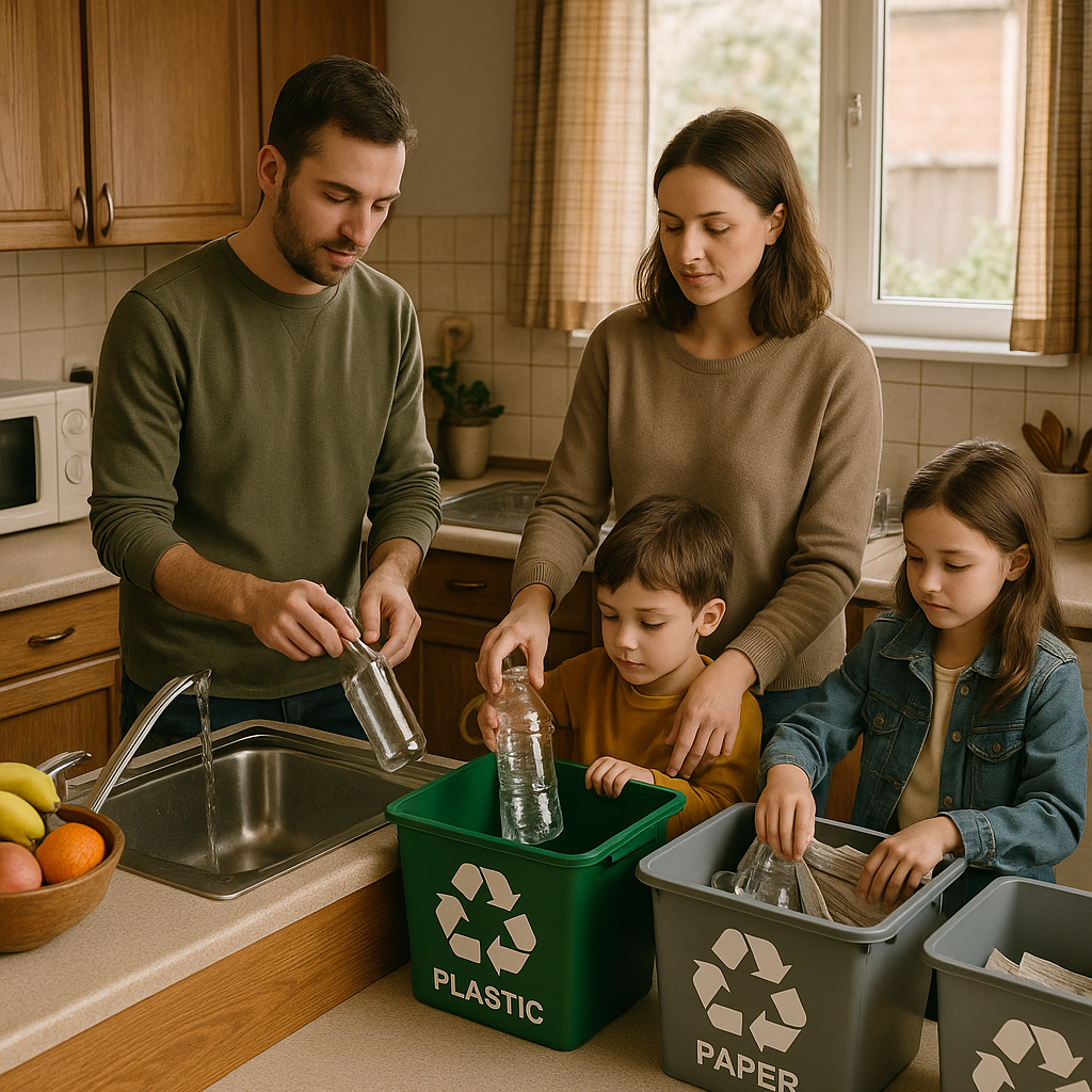 Family Recycling in the Kitchen A family in a kitchen rinsing bottles and sorting recyclables into labeled bins.