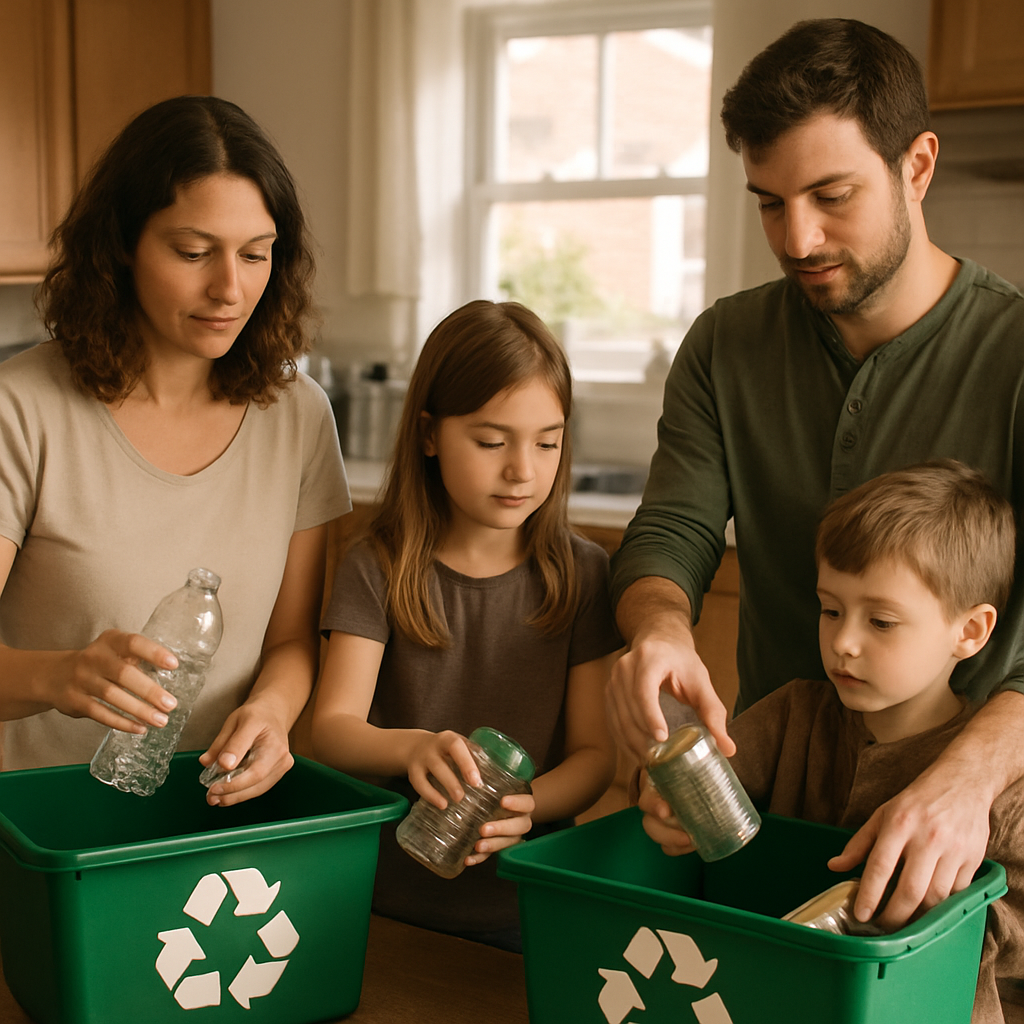 Family Recycling in Kitchen Family carefully separating and placing plastic and metal into home recycling bins in a kitchen with sunlight streaming through the window.
