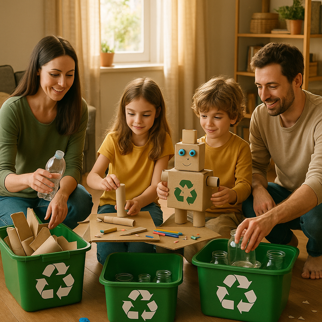 Family Recycling and Crafting in Sunlight A family placing recyclables in bins while children craft with repurposed materials, illuminated by sunlight streaming through a window, creating a warm atmosphere.