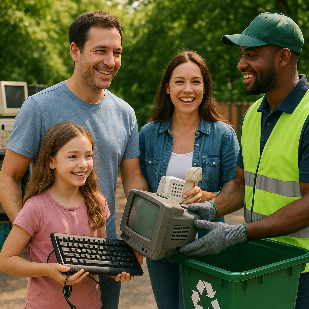 Family Recycling Old Electronics Family smiling as they hand old electronics to a recycling worker with green trees in the background, conveying a clean and positive atmosphere.