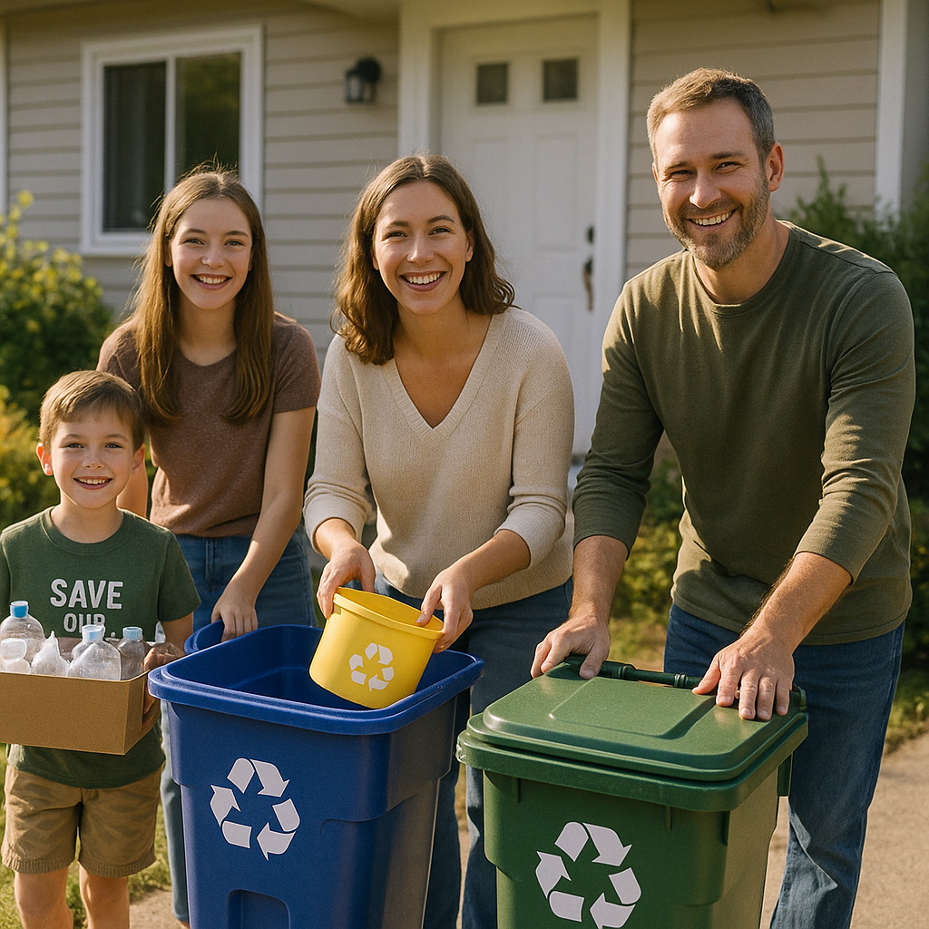 Family Recycling Together in the Morning A family taking out sorted recyclables together, smiling, with wheelie bins near their house in the morning light.