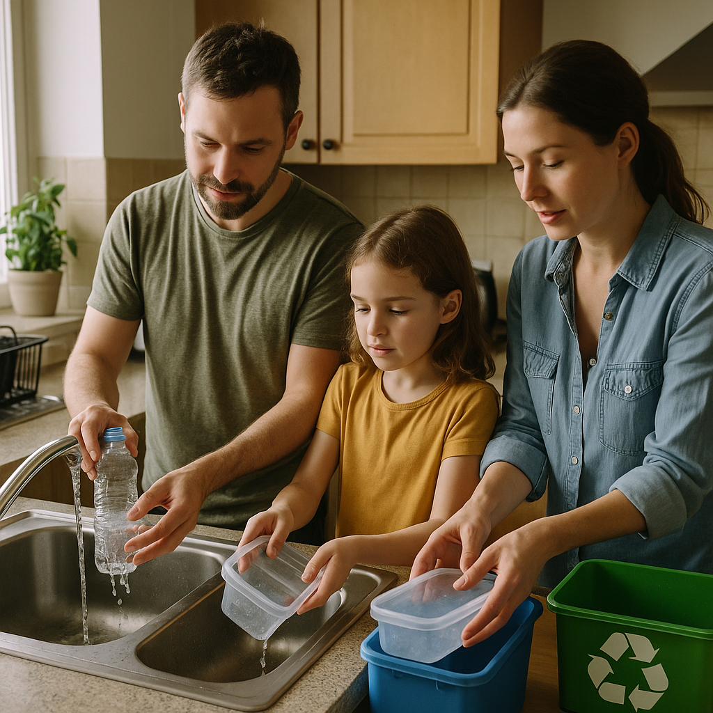Family Rinsing Plastic Bottles for Recycling A family rinsing plastic bottles and containers at the kitchen sink, preparing them for recycling bins.